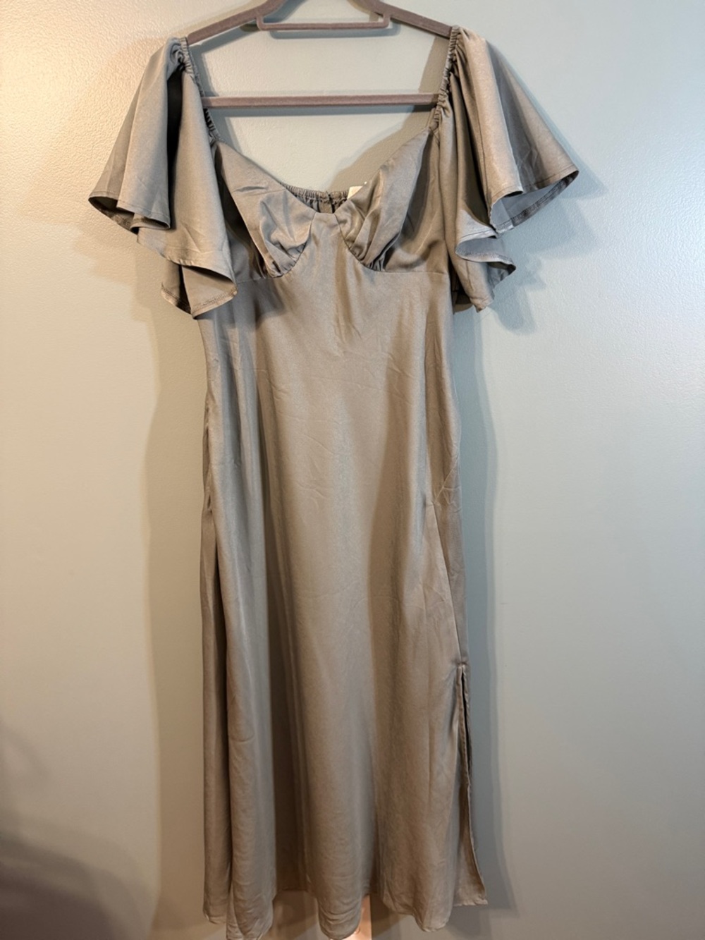 Satin Off-Shoulder Maxi Dress in steel blue